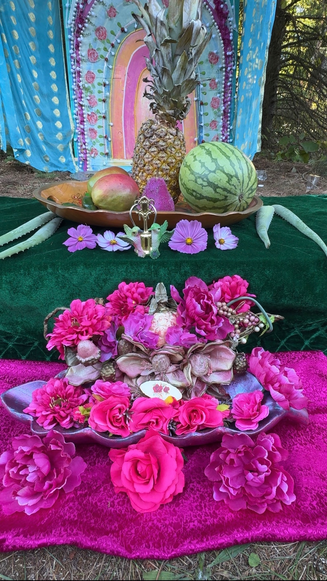 An abundant altar of fruit and flowers