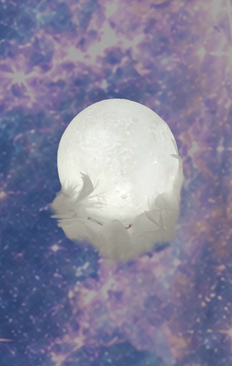 A luminous white moon cradled in soft white feathers against a starlit nebula sky