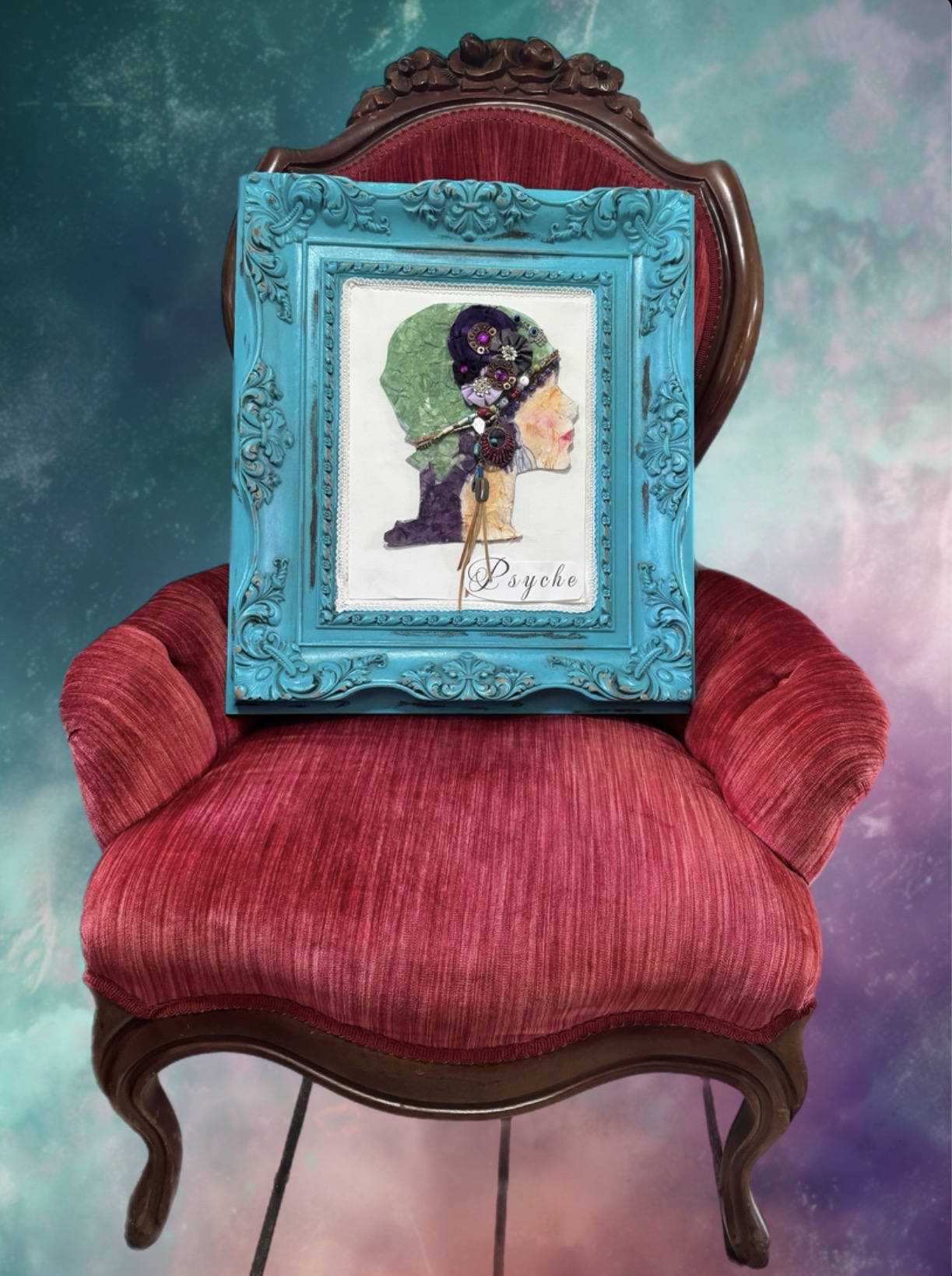 Psyche's framed portrait resting on a rose velvet chair