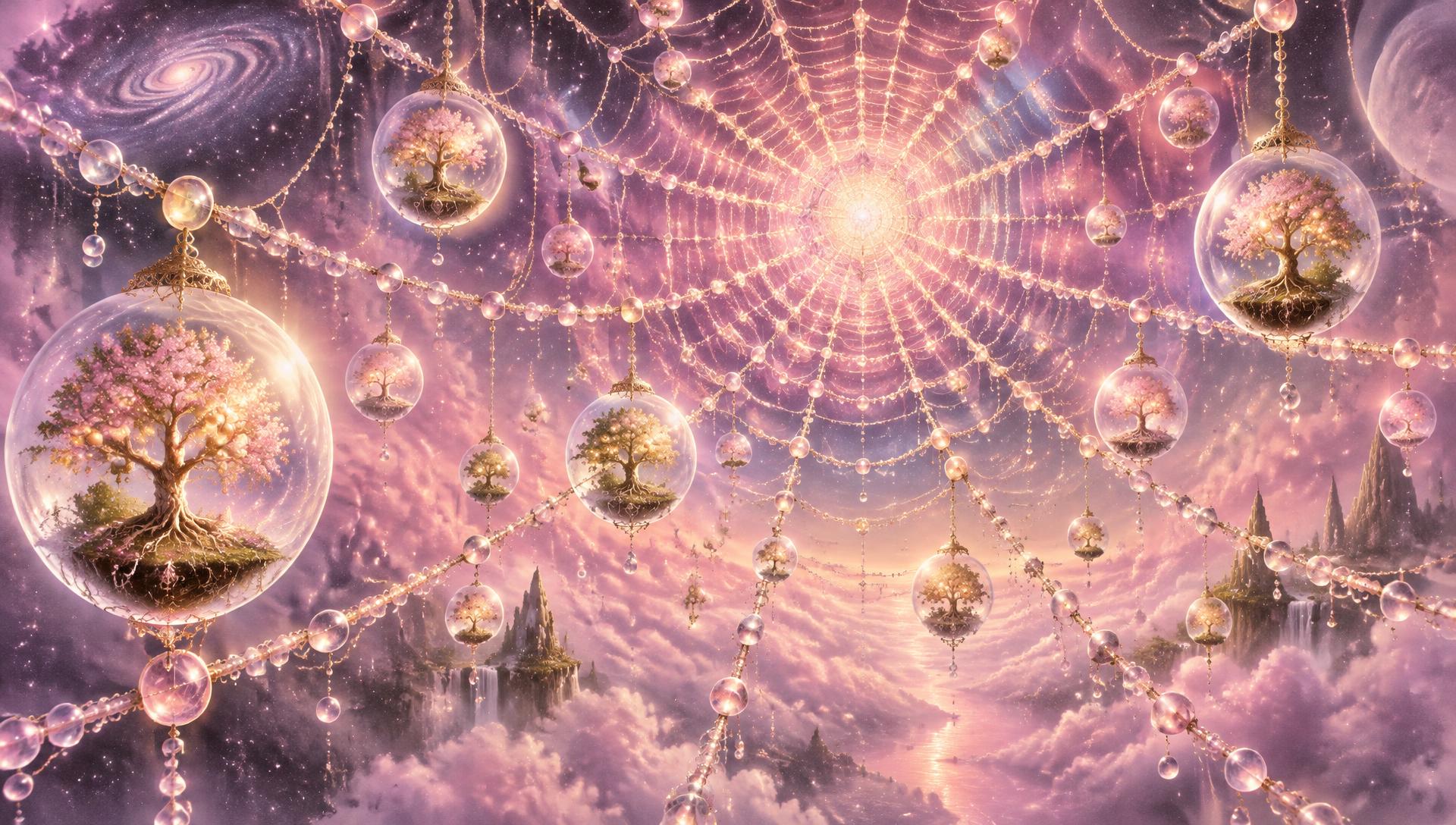 The Mother Web: a grand rose cosmic web strung with glowing threads, every clear glass node holding a little tree world of its own