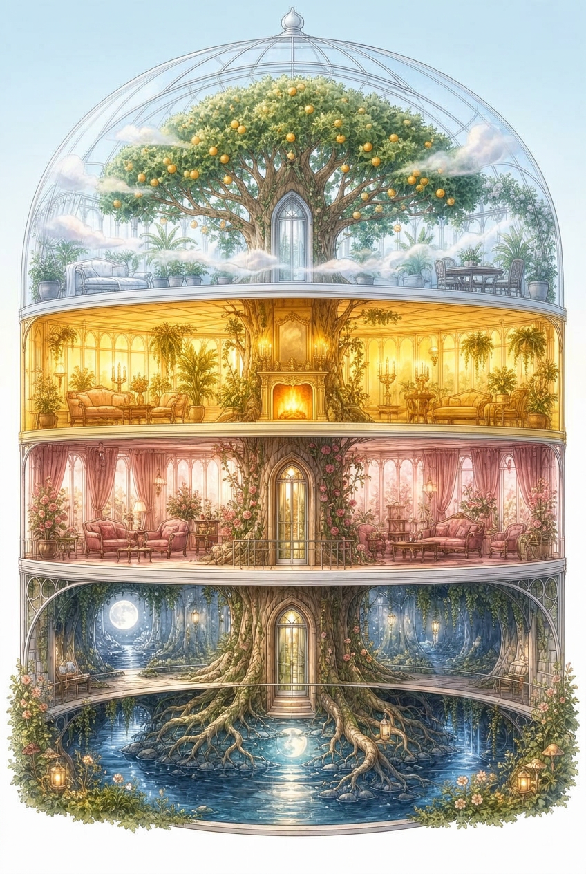 A glass conservatory house with a tree at its center and four floors: moonlit roots in blue water, a rose salon, a golden hearth, and a fruiting canopy under the sky